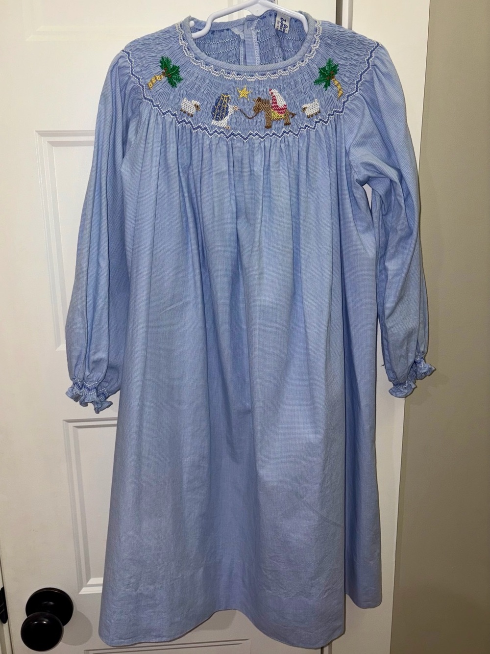Light Blue Smocked Long Sleeve Dress with Embroidered Nativity